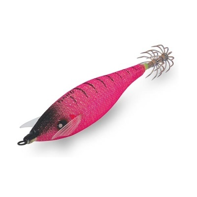 Isca artificial rosa e preta para pesca com anzóis em coroa na traseira