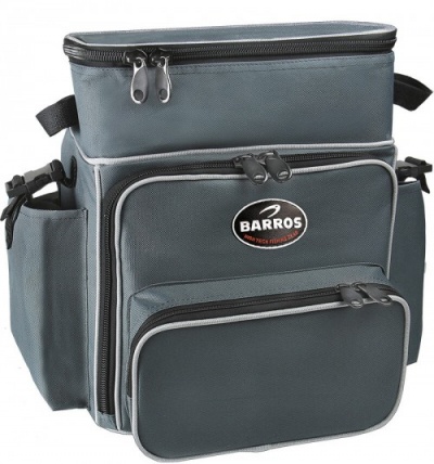 Mochila térmica azul-acinzentada com vários bolsos e etiqueta BARROS