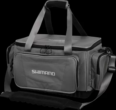 Mala de transporte cinzenta com alças, divisórias e logo SHIMANO
