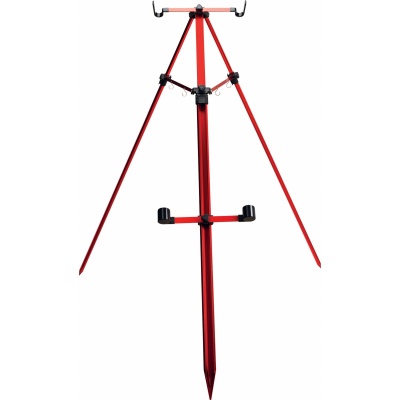 Tripé vermelho de metal com pernas e ajustes pretos para suporte