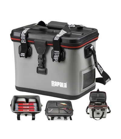 Mala térmica cinza e preta com alça preta e texto RAPALA, vista geral e detalhes do interior.