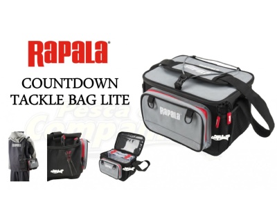 Mala de pesca cinza e preta Rapala Countdown Tackle Bag Lite com divisórias internas e alça de ombro