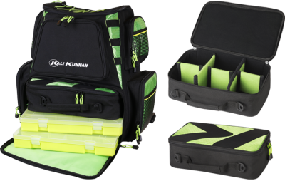 Mochila preta com detalhes verdes e bolsas organizadoras com compartimentos ajustáveis.