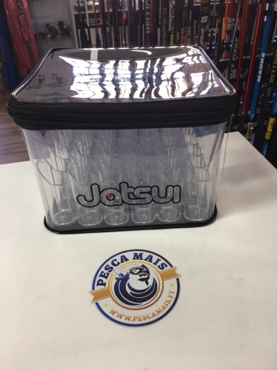 Bolsa transparente para pesca com tampa preta e fecho, com tubos internos e texto Jatsui