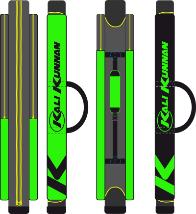 Bolsa longa preta e verde neon com texto KALI KUNNAN e zíperes amarelos