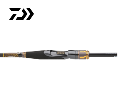 Cana de pesca preta com detalhes dourados e cinza e punho de espuma preta