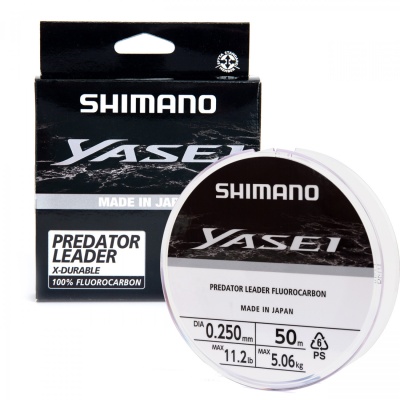 Linha de fluorocarbono Shimano Yasei Predator Leader em embalagem preta com texto branco e prateado