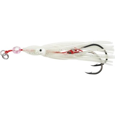 Isca de pesca tipo polvo branco translúcido com anzol triplo negro.