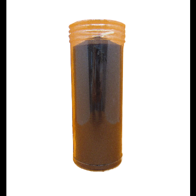 Frasco cilíndrico transparente com tampa laranja e conteúdo escuro
