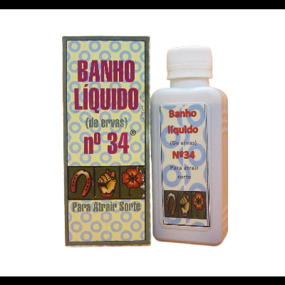 Frasco plástico branco com rótulo e embalagem de cartão de banho líquido de ervas nº 34 para atrair sorte