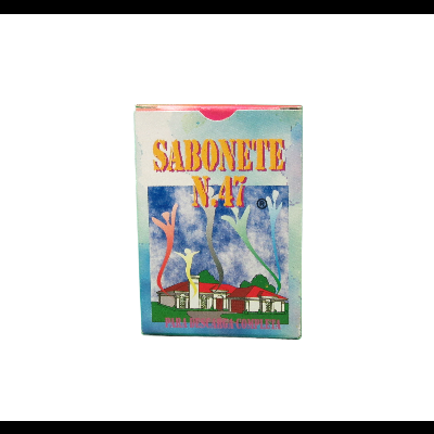 Embalagem colorida de sabonete No 41 com casa e chaminés desenhadas.