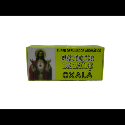 Caixa amarela de defumador aromático com texto e imagem religiosa