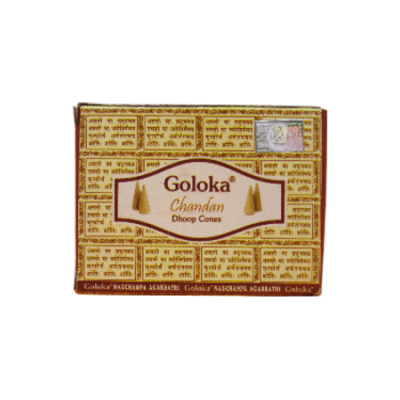 Caixa de cones de incenso Goloka Chandan Dhoop Cones com embalagem dourada e texto em inglês