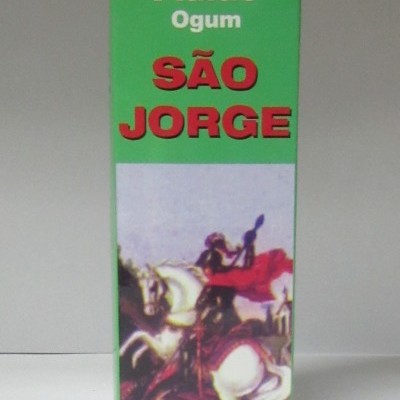 Caixa verde de fluido Ogum São Jorge com ilustração de São Jorge em cavalo branco