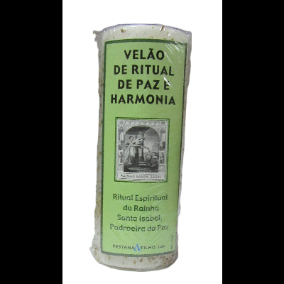 Vela branca com etiqueta verde e texto de ritual espiritual