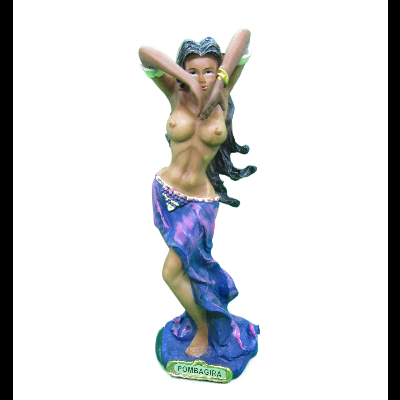 Estátua feminina com saia roxa e braços levantados com base rotulada