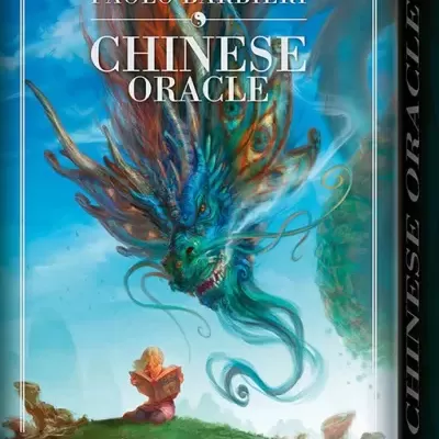 Caixa do baralho CHINESE ORACLE com dragão azul e figura a ler livro.