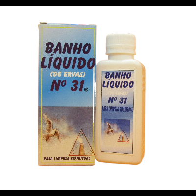 Frasco e caixa de banho líquido de ervas Nº 31 para limpeza espiritual com pirâmide e gaivota