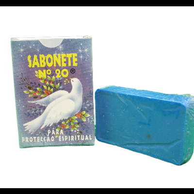 Sabonete Nº 20 azul com embalagem com pomba branca e texto para proteção espiritual