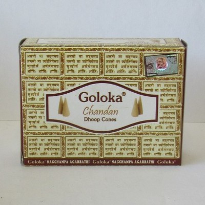 Caixa de cones de incenso Goloka Chandan Dhoop Cones com padrões de texto indiano e selo holográfico