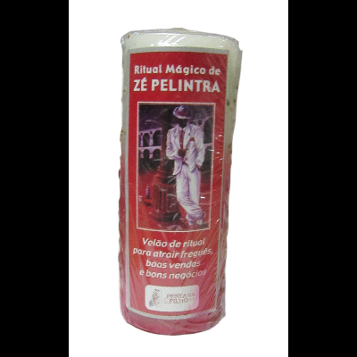 Vela branca com rótulo vermelho 'Ritual Mágico de ZÉ PELINTRA' e figura de homem de terno branco.