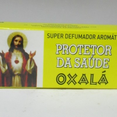 Caixa amarela de defumador aromático Protetor da Saúde Oxalá com imagem religiosa