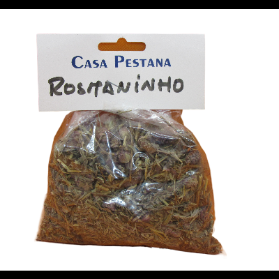 Pacote plástico com erva seca e etiqueta CASA PESTANA ROSMANINHO