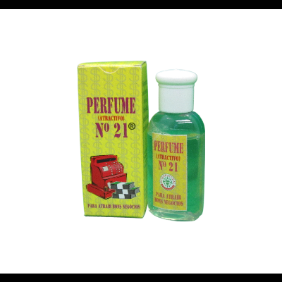 Frasco de perfume Nº 21 com embalagem amarela e verde