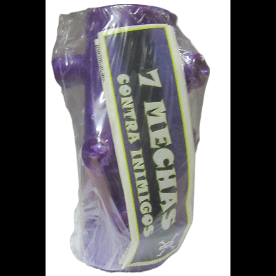 Frasco roxo para 7 mechas de cabelo em saco plástico transparente.