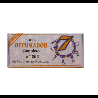 Embalagem de papelão azul claro e laranja com texto e logotipo das Sete Correntes Protectoras