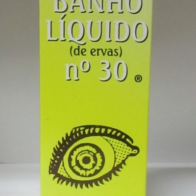 Embalagem amarela de Banho Líquido de Ervas nº 30 com ilustração de olho e texto