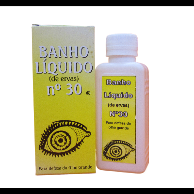 Frasco e caixa amarelos de Banho Líquido nº 30 com desenho de olho e texto em preto