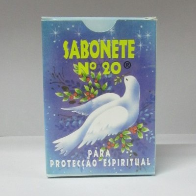 Embalagem azul de sabonete Nº 20 com ilustração de pomba branca e texto para proteção espiritual
