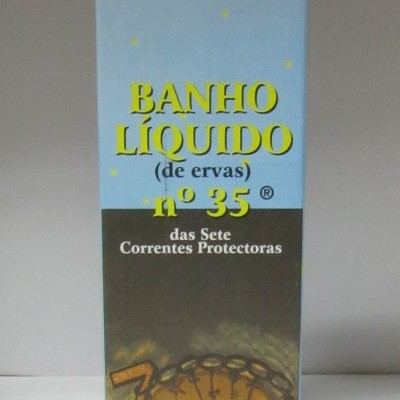 Embalagem de banho líquido de ervas n.º 35 das Sete Correntes Protectoras, azul e preto