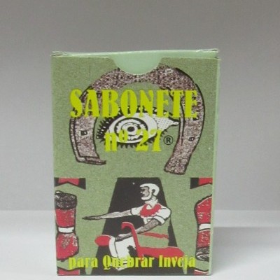 Caixa verde de sabonete nº 21 com texto amarelo e ilustração colorida