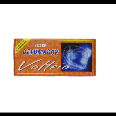 Embalagem laranja do produto SUPER DEFUMADOR Volteiro com texto amarelo e imagem de fumaça azul