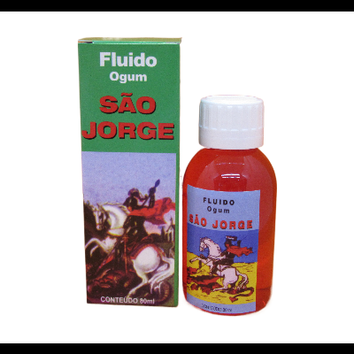 Frasco e caixa de fluido Ogum São Jorge com imagem de São Jorge a cavalo