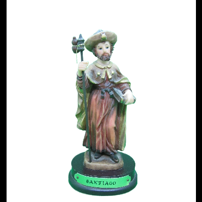 Estátua de Santiago policromada com bordão e base verde e preta