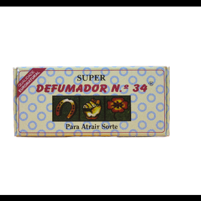 Embalagem de defumador com design em bege e azul e texto SUPER DEFUMADOR N.º 34