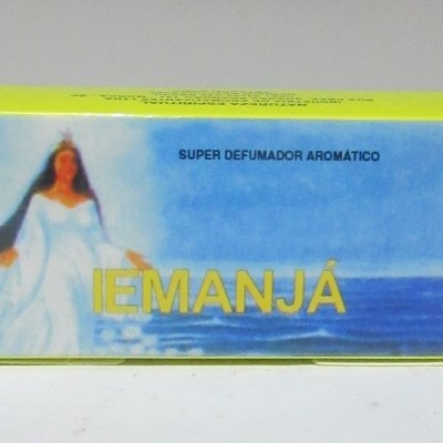 Caixa amarela com imagem e texto SUPER DEFUMADOR AROMÁTICO IEMANJÁ