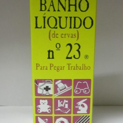 Embalagem amarela de banho líquido de ervas n° 23 para pegar trabalho com ícones brancos em quadrados cor-de-rosa
