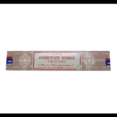 Embalagem de incenso Satya Positive Vibes com texto e selo de qualidade