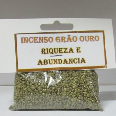 Pacote de incenso grão ouro com etiqueta branca e dourada