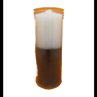 Frasco cilíndrico transparente com tampa alaranjada e conteúdo em duas camadas