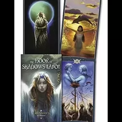 Cartas de tarot coloridas e livro The Book of Shadows Tarot com mulher na capa.