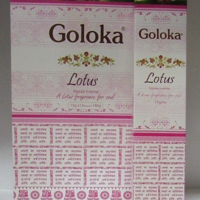 Caixas de incenso Goloka Lotus branco e rosa com padrões florais e texto