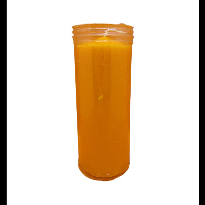 Vela laranja em recipiente de plástico transparente com tampa