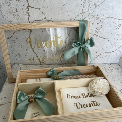 Conjunto batismo verde AGUA tampa vidro