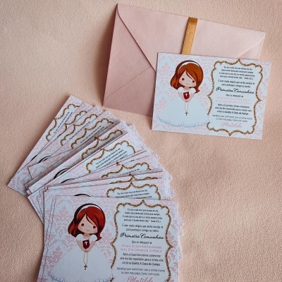 Convite comunhão rosa/dourado