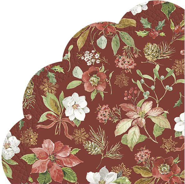Guardanapos de papel redondos Flores varias em bordeaux - IHR Guardanapo com padrão floral natalício detalhado em fundo castanho.